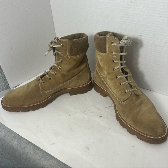 GUCCI Men’s Leather Suede Timberland Style Boots Logo Beige Lace Up 9.5D - Picture 6 of 13